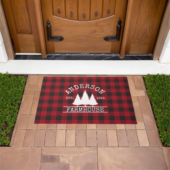 Paillasson Ferme Nom de famille Red Buffalo Plaid Large (De plein air)