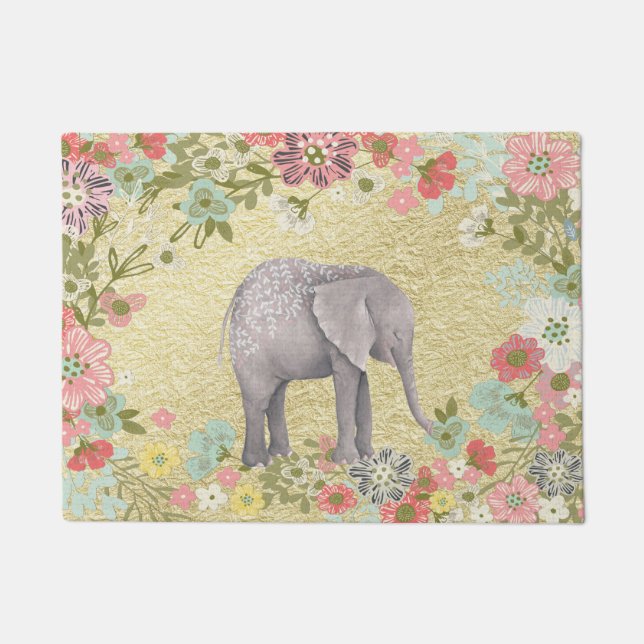 Paillasson Feuille d'or florale de cadre d'éléphant chic (Devant)