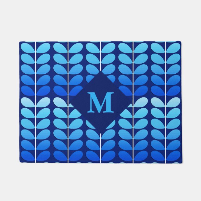 Paillasson Feuilles danois avec Monogramme, Marine et Bleu Co (Devant)