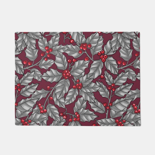Paillasson Feuilles gris sur rouge foncé (Devant)