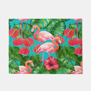 Paillasson Flamant rose et aquarelle du jardin tropical