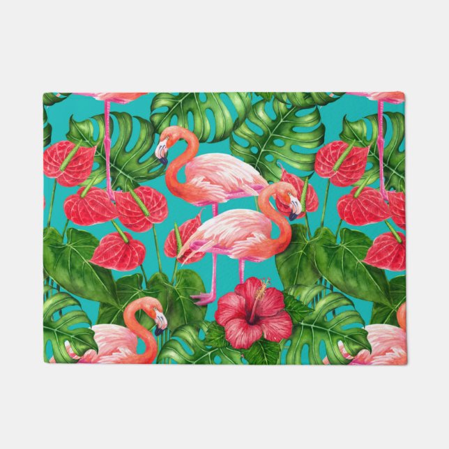 Paillasson Flamant rose et aquarelle du jardin tropical (Devant)