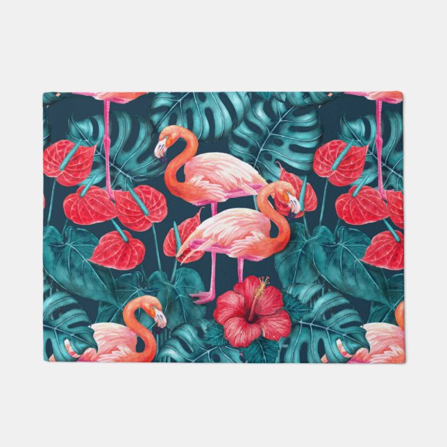 Paillasson Flamant rose et aquarelle du jardin tropical (Devant)