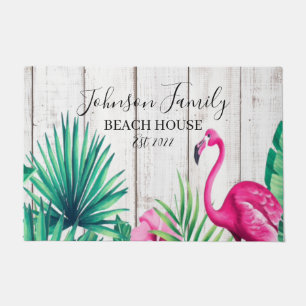 Paillasson Flamant rose floral tropical Nom de famille Maison