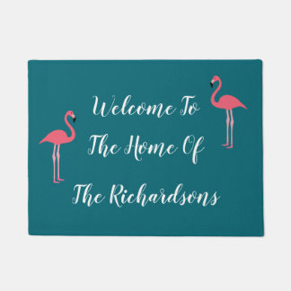 Paillasson Flamant rose tropical Famille Monogramme Bienvenue
