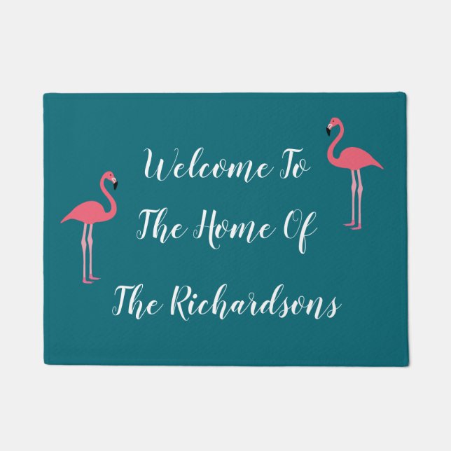 Paillasson Flamant rose tropical Famille Monogramme Bienvenue (Devant)