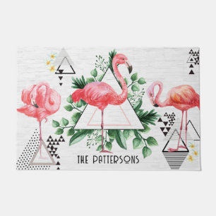 Paillasson Flamant rose tropical moderne Nom de famille géomé