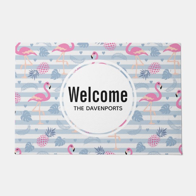 Paillasson Flamant rose Whimsical et ananas Motif Bienvenue (Devant)