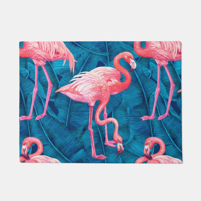Paillasson Flamants roses sur feuilles de bananes bleues (Devant)