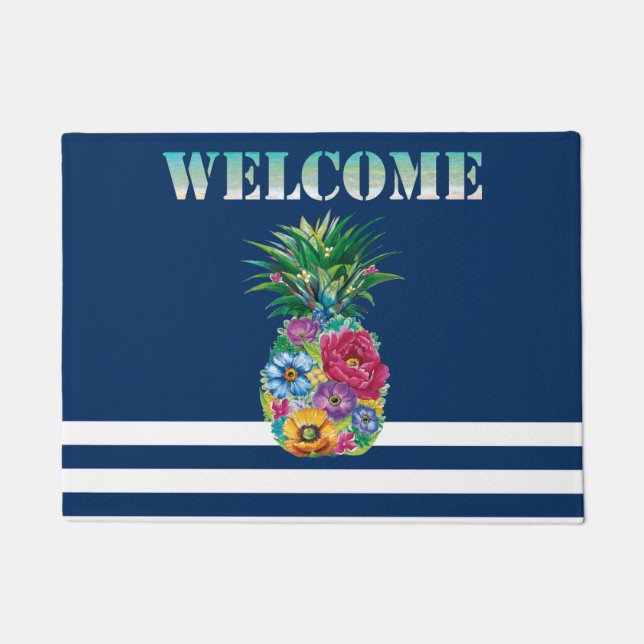 Paillasson Fleur d'ananas marine rayé bleu nuit   (Devant)