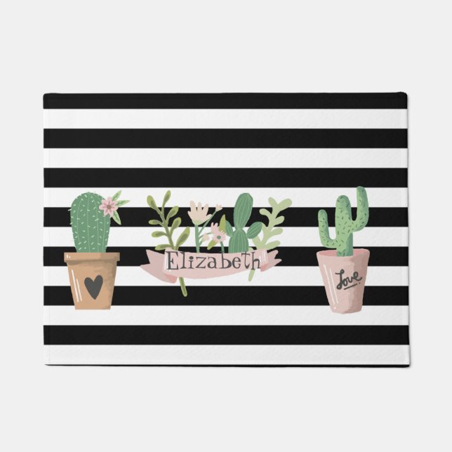 Paillasson Fleur de Cactus Rayures Noires et Blanches (Devant)