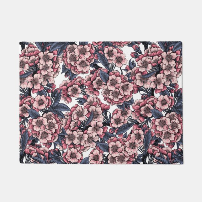 Paillasson Fleur de cerisier rose et bleu (Devant)