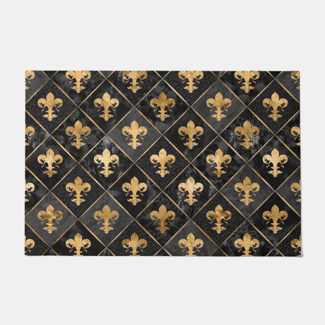Paillasson Fleur de lis motif Marbre noir et or (Devant)
