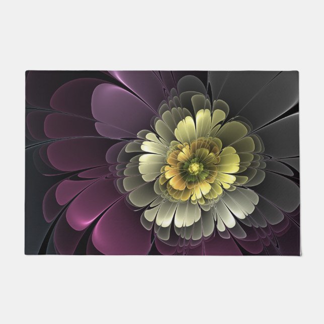 Paillasson Fleur fractale grise et pourpre moderne abstraite (Devant)