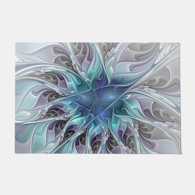 Paillasson Fleur fractale moderne abstraite avec du bleu (Devant)