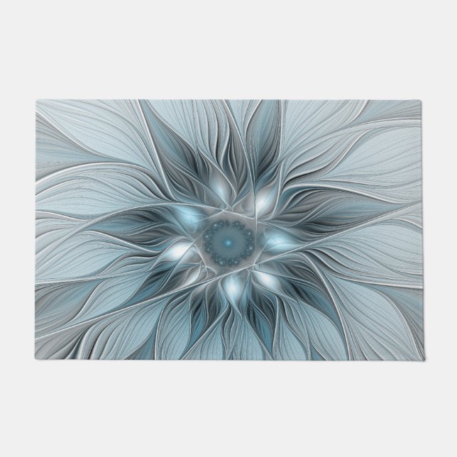 Paillasson Fleur joyeuse abstraite florale fractale bleue gri (Devant)