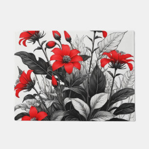 Paillasson Fleur rouge sur Plante noir blanc