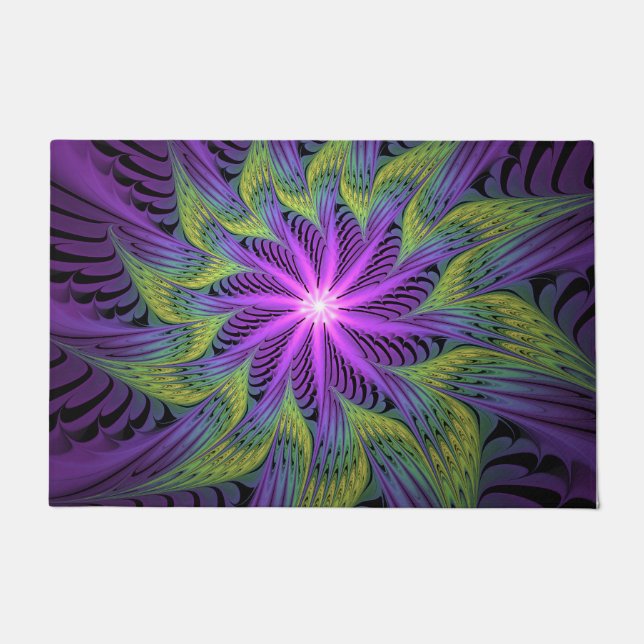 Paillasson Fleur verte violette Art fractal abstrait moderne (Devant)