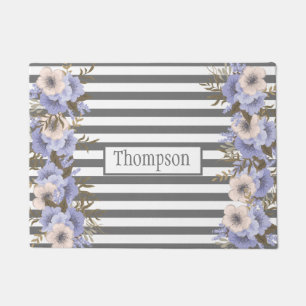 Paillasson Fleurs bleues rouillées Trente monogramme rayures