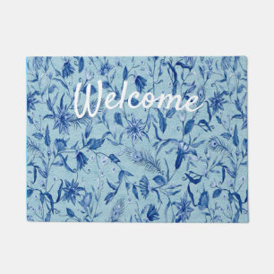 Paillasson Fleurs bleues turquoises sur support de texture sc