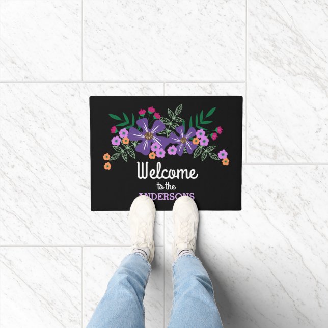 Paillasson Fleurs Colorées Ajoutent Nom Noir (Intérieur)