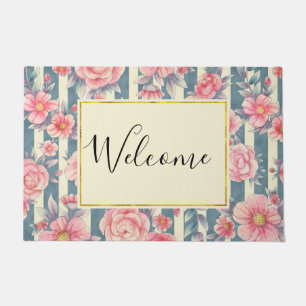 Paillasson Fleurs d'aquarelle rose sur bandes Bienvenue