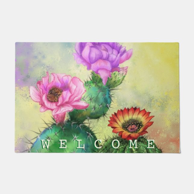 Paillasson Fleurs de cactus rouge violet rose mat de bienvenu (Devant)