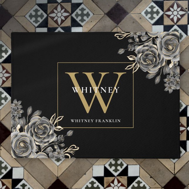 Paillasson Fleurs de roses en monogramme personnalisé or noir (Personalized Black Gold Monogram Floral Roses Doormat)