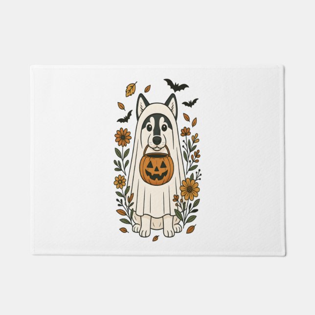 Paillasson Fleurs Husky Sibériennes d'Halloween (Devant)