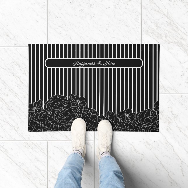 Paillasson Fleurs noires et blanches avec bandes (Intérieur)
