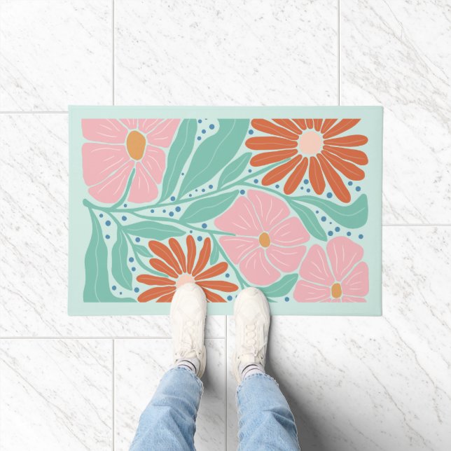 Paillasson Fleurs rétro boho chic menthe  (Intérieur)
