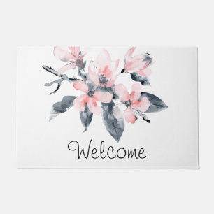 Paillasson Fleurs rose et gris Accueil Aquarelle classique