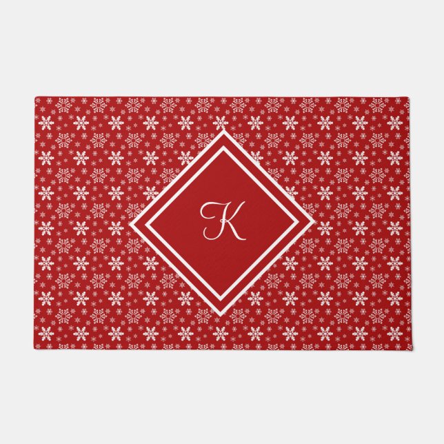 Paillasson Flocon de neige rouge et blanc Monogramme Fêtes de (Devant)