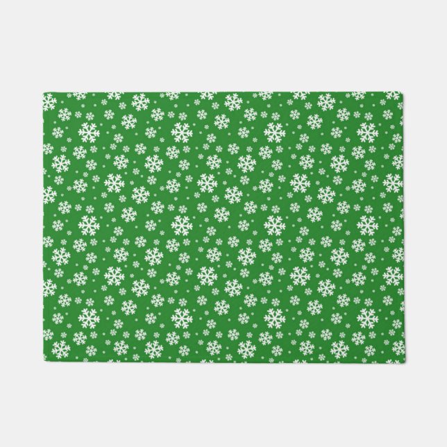 Paillasson Flocons blancs sur motif vert d'hiver (Devant)