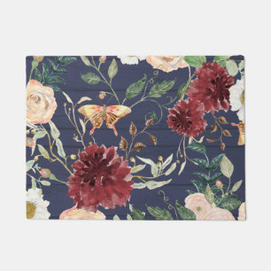 Paillasson Floral Navy Bourgogne Bois rustique avec feuillage