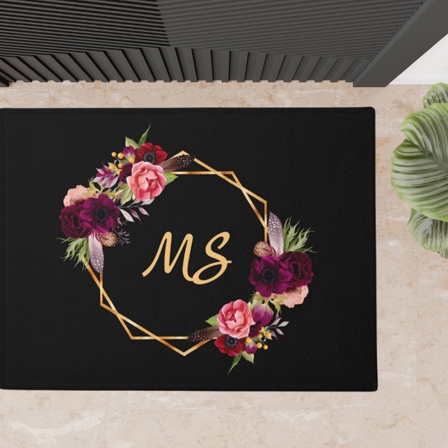 Paillasson Floraux d'or noir initiales en monogramme rose (Créateur téléchargé)