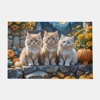 Paillasson Fluffy Chatons d'automne Citrouilles et feuillage