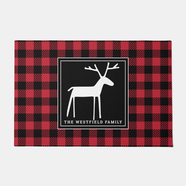 Paillasson Folk Art Deer Red Black Buffalo Nom de la plaque (Devant)