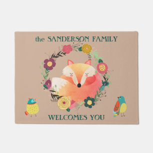 Paillasson Fox somnolent mignon en guirlande florale