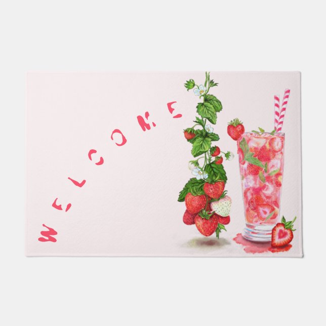 Paillasson Fraise fraîche Pot de porte Texte Bienvenue (Devant)