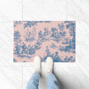 Paillasson French toile de jouy bleu et rose élégant