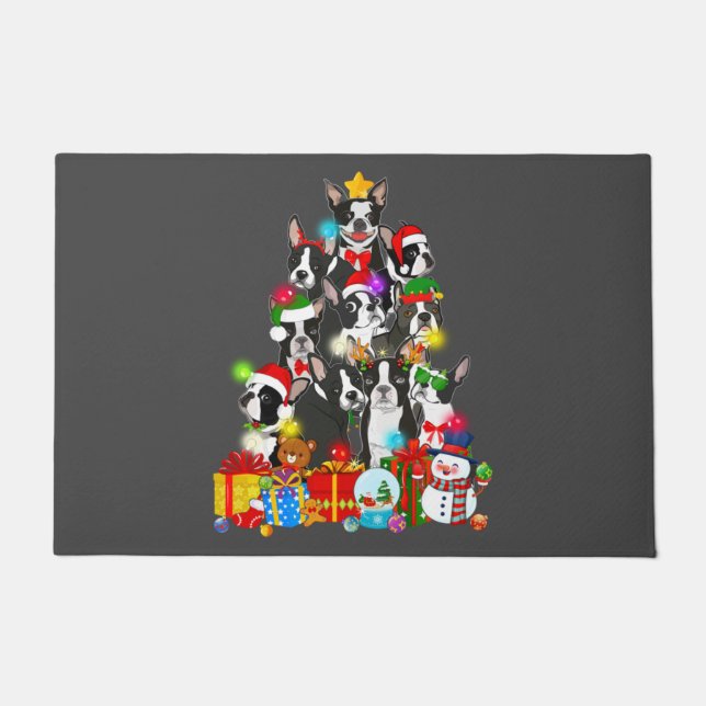 Paillasson Funky Boston Terrier Christmas Tree Lumières Chiot (Devant)