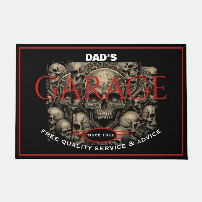 Paillasson Garage Any Name Always Open Skulls Black Red (Devant)