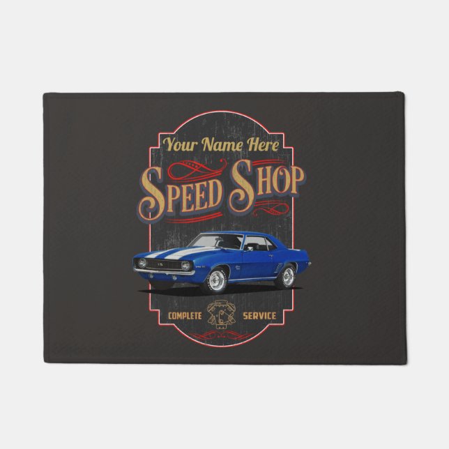 Paillasson Garage personnalisé Blue Camaro (Devant)