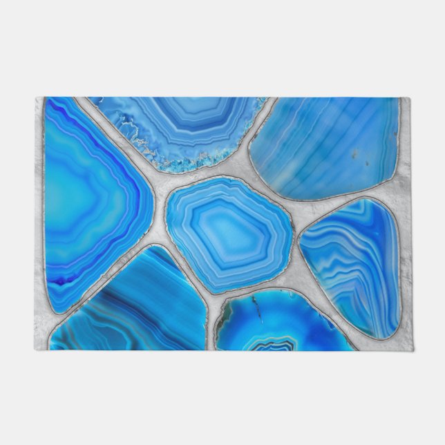 Paillasson Géode Bleu Agate Mosaïque Fleur art (Devant)