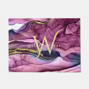 Paillasson Géode d'agate violet magenta rose et or Monogramme