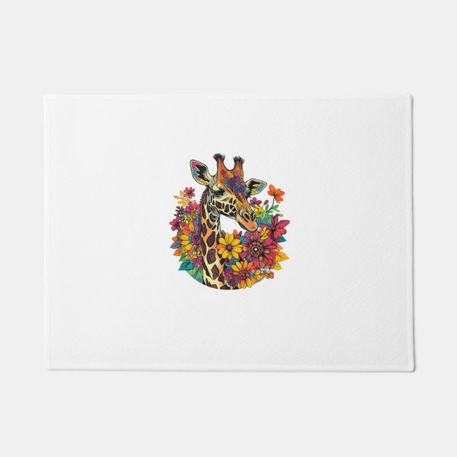 Paillasson Giraffe Entourée De Fleurs Colorées _1 (Devant)