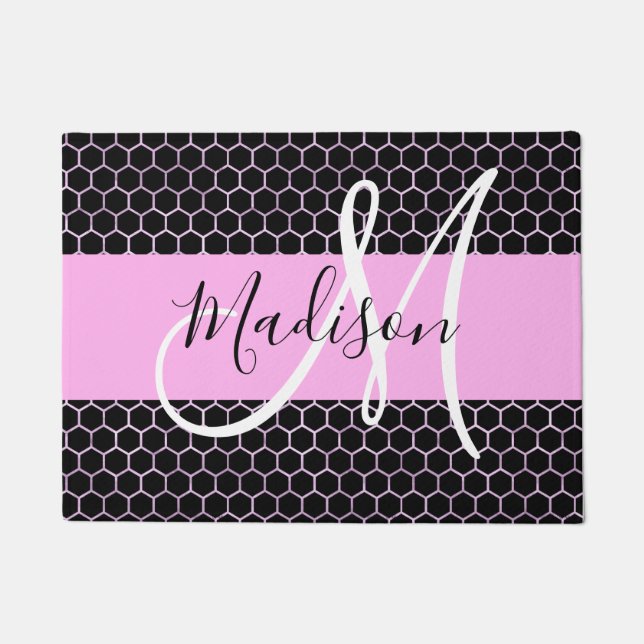 Paillasson Glam Black Métallic Rose Nid d'abeille Monogramme  (Devant)