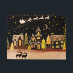 Paillasson Gold Christmas Village Deer Winter Night<br><div class="desc">La nuit de Noël parfaite avec des rennes,  prendre l'avion et tirer le long de Père Noël et son traîneau. Ci-dessous,  un village attend avec impatience l'arrivée de St. Nick.</div>