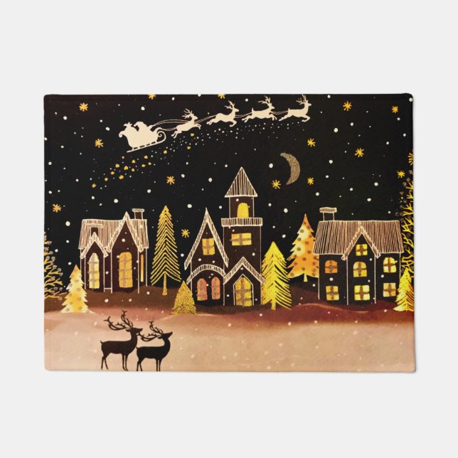 Paillasson Gold Christmas Village Deer Winter Night (Devant)